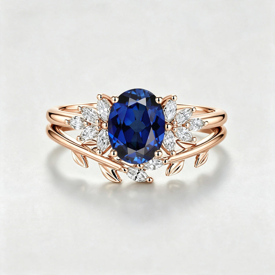Oval cut Lab Sapphire Engagement ring Bridal Set