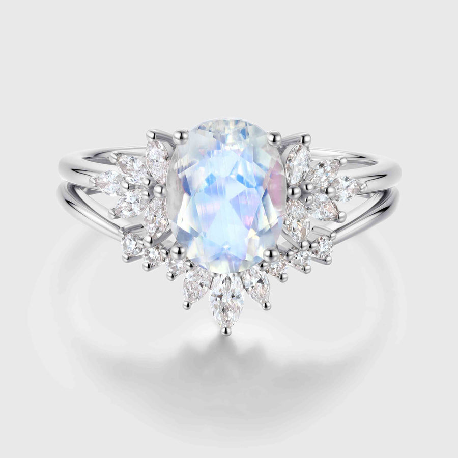 Oval cut Moonstone | Moissanite Cluster Engagement Bridal Set