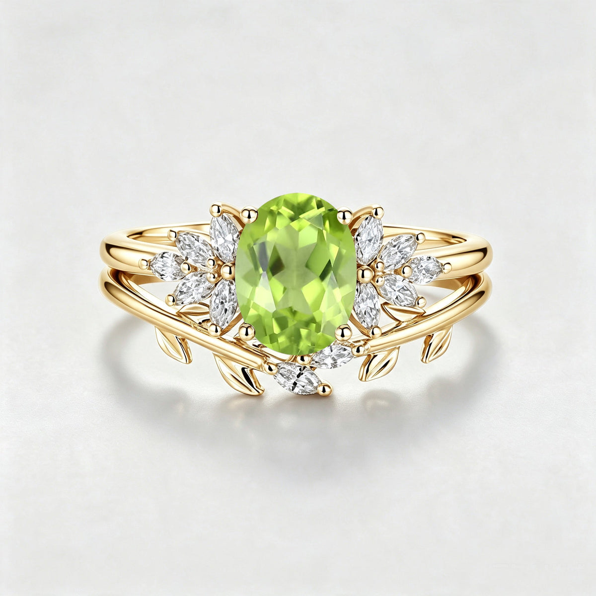 Oval cut Olivine Cluster Engagement ring Bridal Set