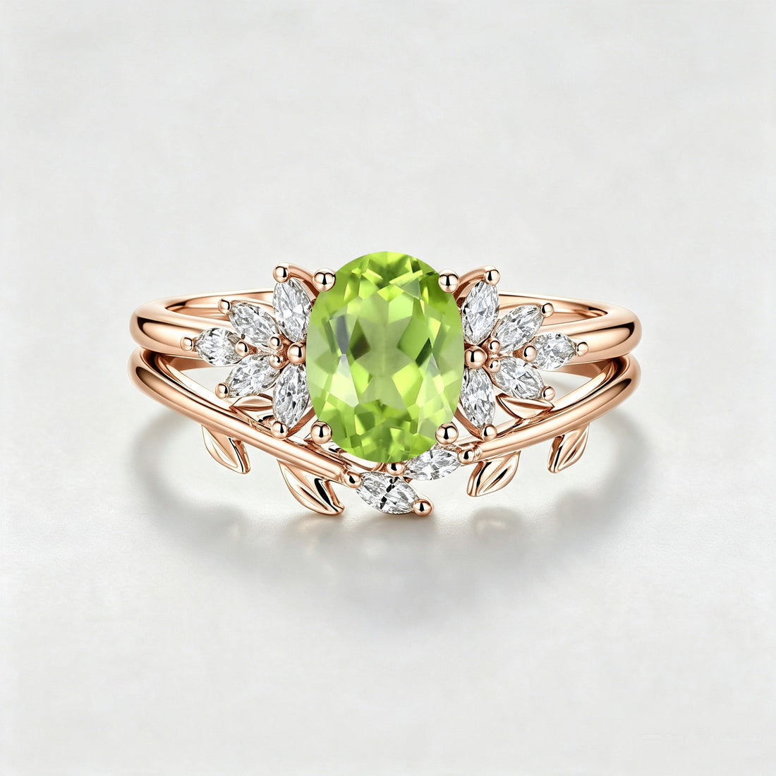 Oval cut Olivine Cluster Engagement ring Bridal Set
