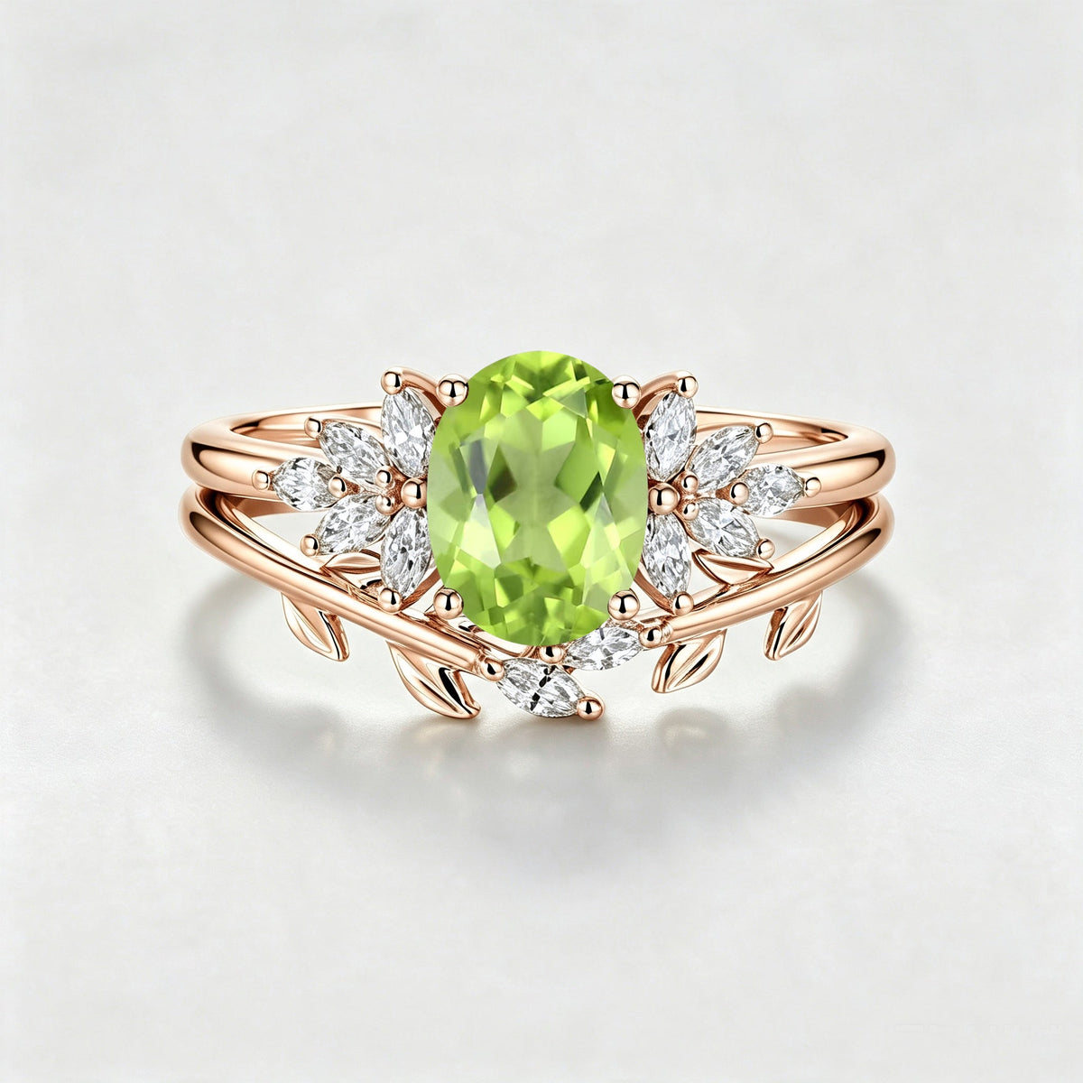 Oval cut Olivine Cluster Engagement ring Bridal Set