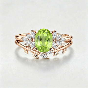 Oval cut Olivine Cluster Engagement ring Bridal Set
