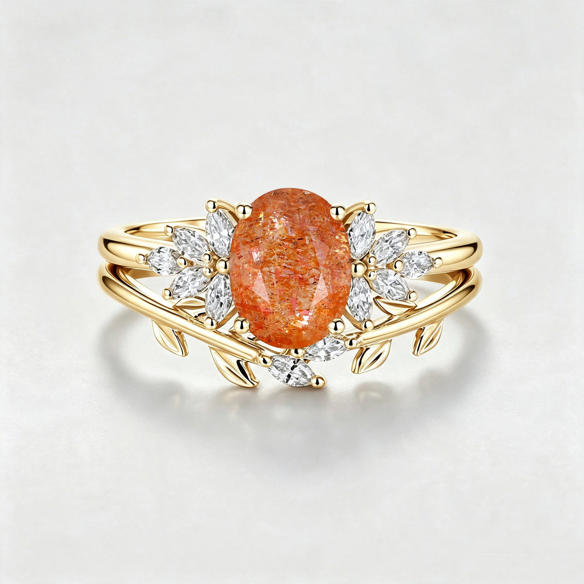 Oval cut Sun Stone Cluster Engagement ring Bridal Set