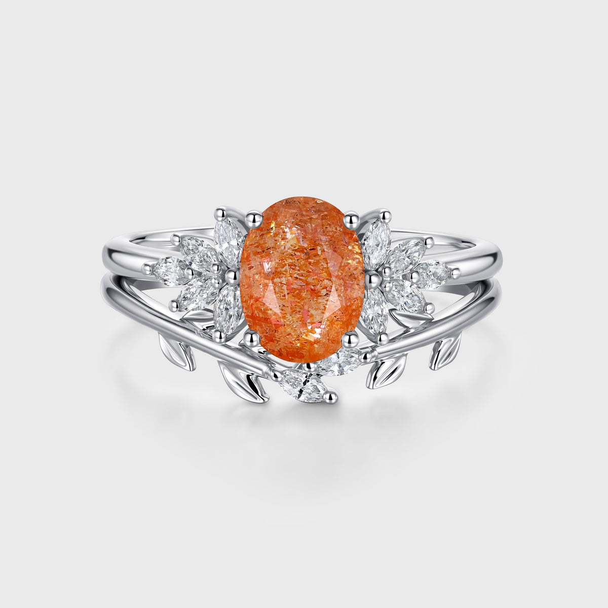 Oval cut Sun Stone Cluster Engagement ring Bridal Set
