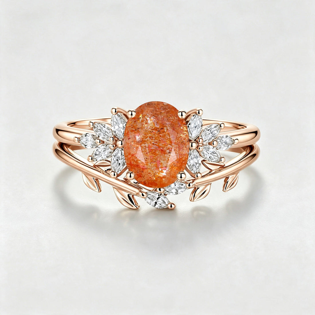 Oval cut Sun Stone Cluster Engagement ring Bridal Set