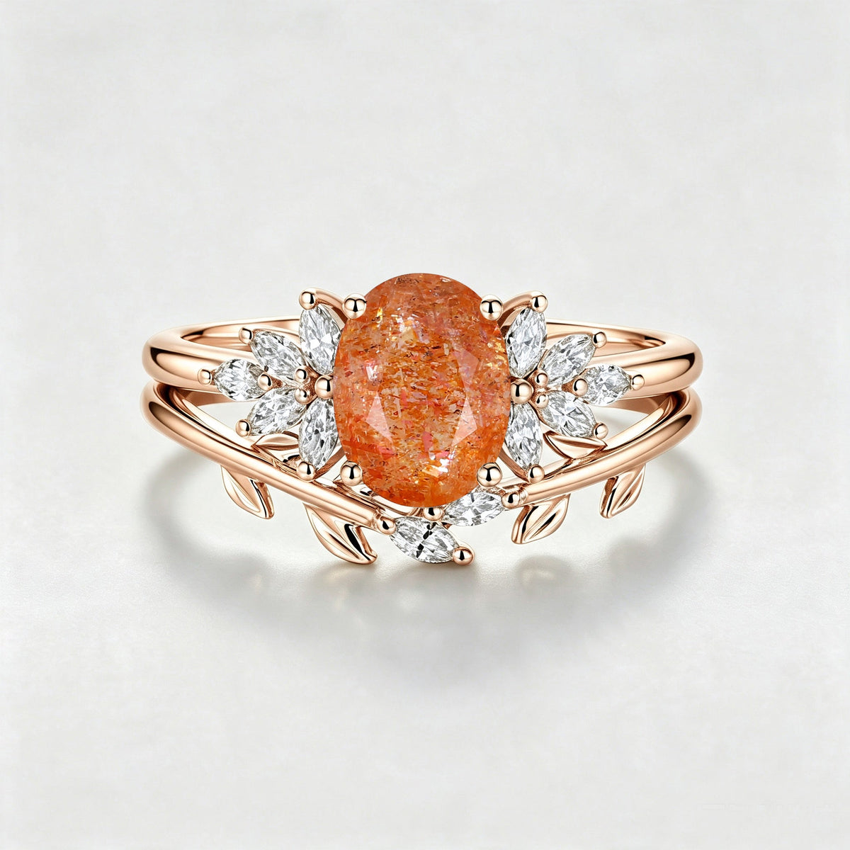 Oval cut Sun Stone Cluster Engagement ring Bridal Set