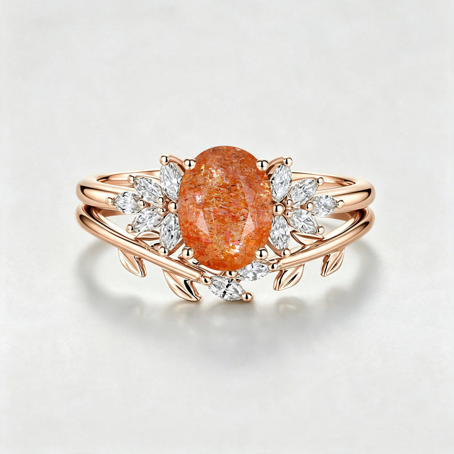 Oval cut Sun Stone Cluster Engagement ring Bridal Set