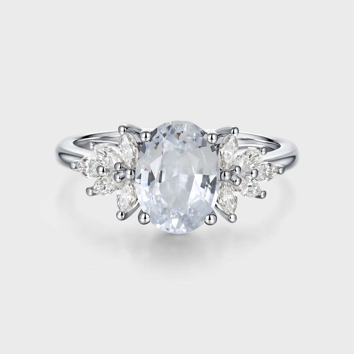 Oval cut White Sapphire  Cluster Engagement Ring