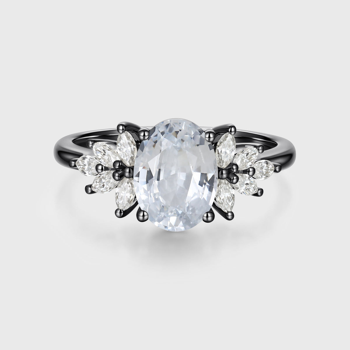 Oval cut White Sapphire  Cluster Engagement Ring