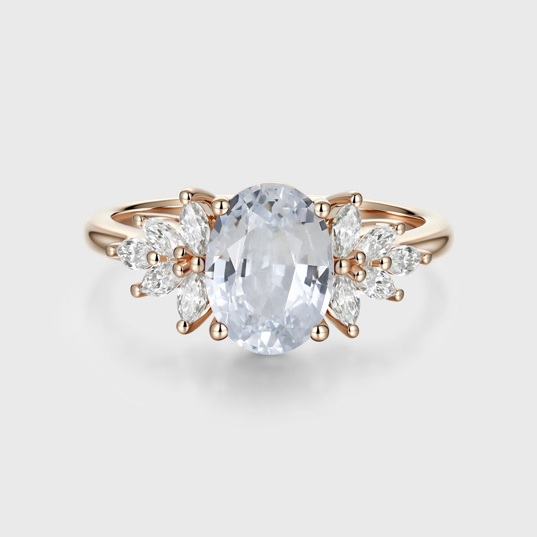 Oval cut White Sapphire  Cluster Engagement Ring