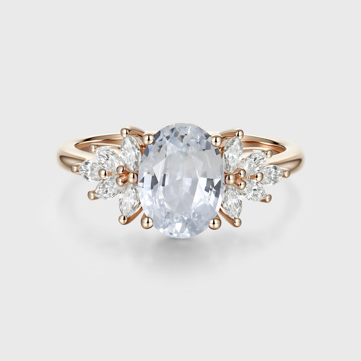 Oval cut White Sapphire  Cluster Engagement Ring