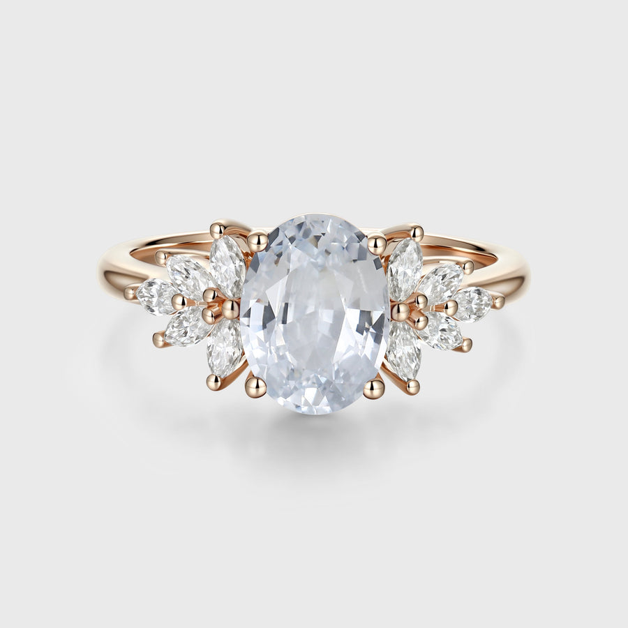 Oval cut White Sapphire  Cluster Engagement Ring