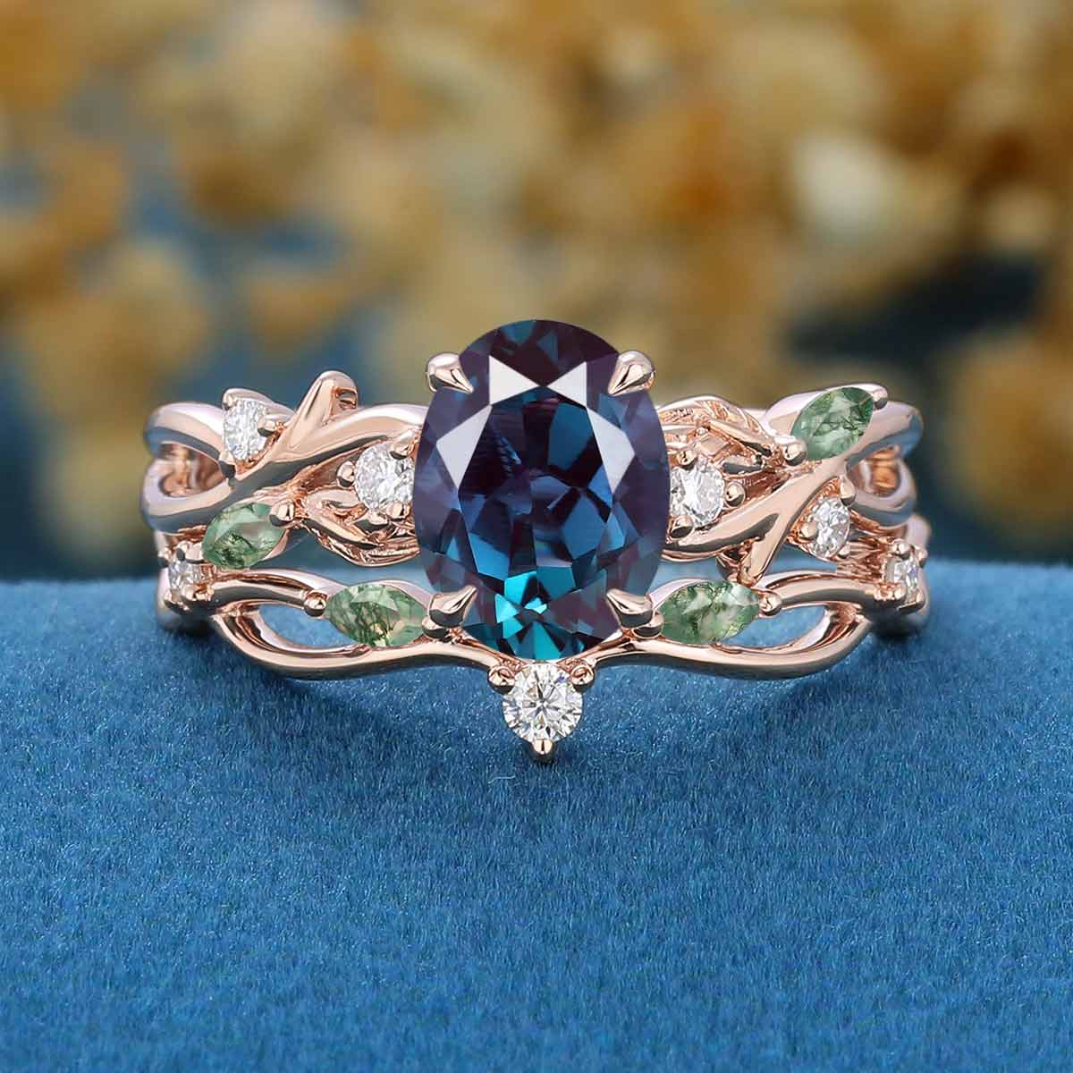 Oval cut Alexandrite Engagement ring Rose gold Moss Agate Wedding Bridal Set