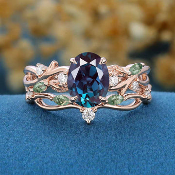 Oval cut Alexandrite Engagement ring Rose gold Moss Agate Wedding Bridal Set