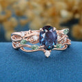 Oval cut Alexandrite Engagement ring Rose gold Moss Agate Wedding Bridal Set