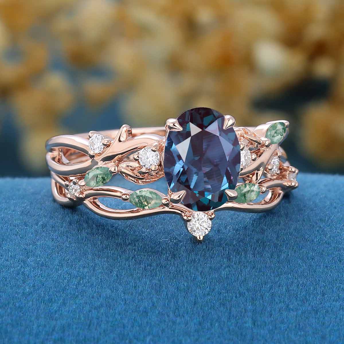 Oval cut Alexandrite Engagement ring Rose gold Moss Agate Wedding Bridal Set