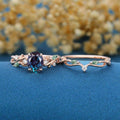 Oval cut Alexandrite Engagement ring Rose gold Moss Agate Wedding Bridal Set
