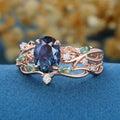 Oval cut Alexandrite Engagement ring Rose gold Moss Agate Wedding Bridal Set