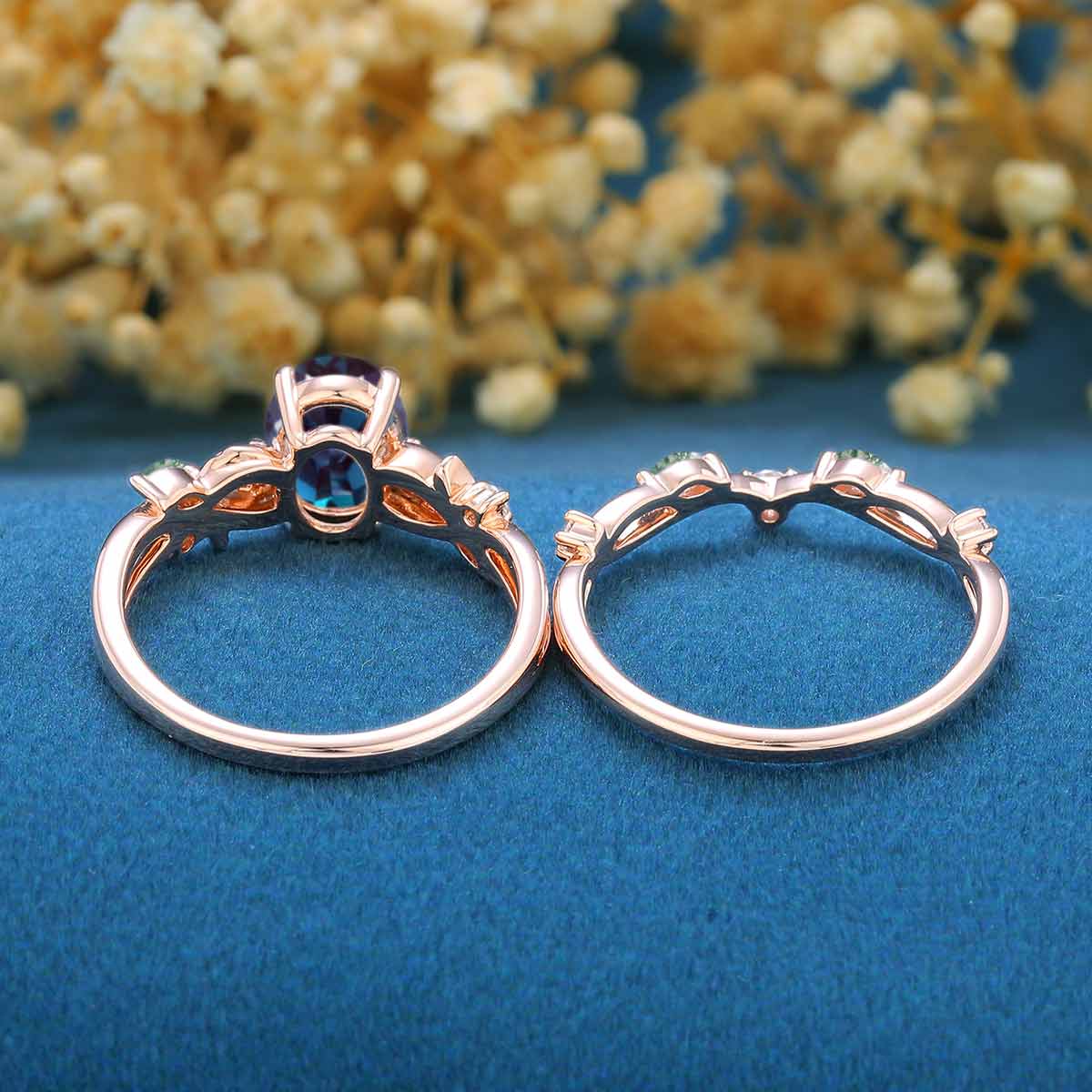 Oval cut Alexandrite Engagement ring Rose gold Moss Agate Wedding Bridal Set