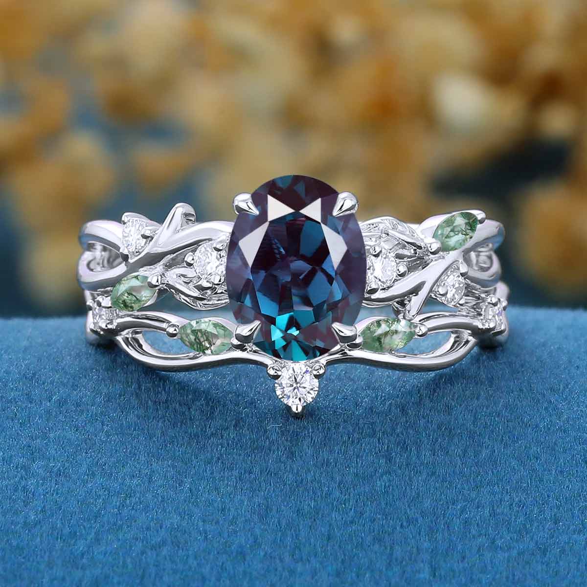 Oval cut Alexandrite Engagement ring Rose gold Moss Agate Wedding Bridal Set