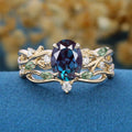 Oval cut Alexandrite Engagement ring Rose gold Moss Agate Wedding Bridal Set