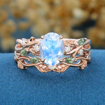 Oval cut Moonstone Engagement ring + Moss Agate Curved Wedding bridal set