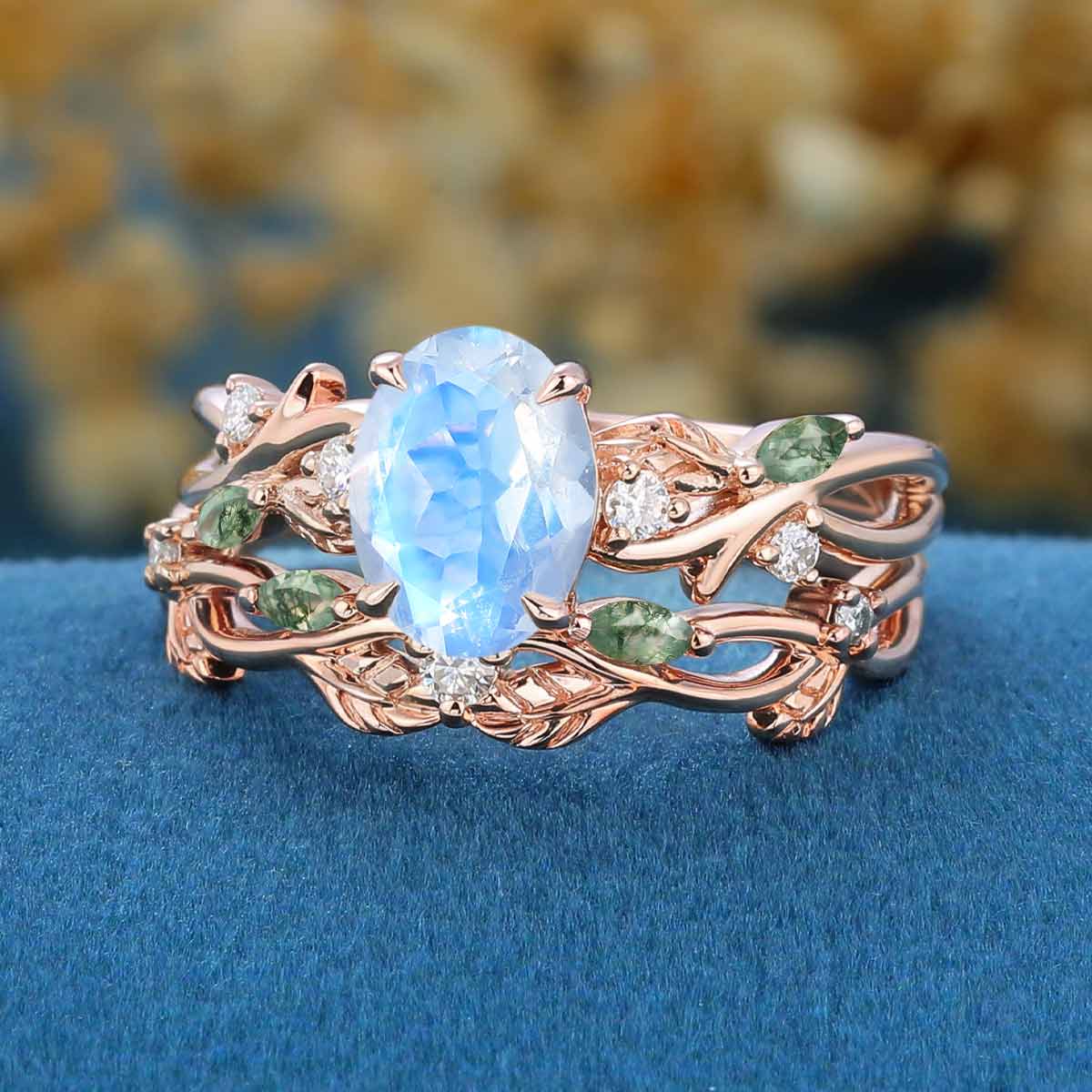 Oval cut Moonstone Engagement ring + Moss Agate Curved Wedding bridal set