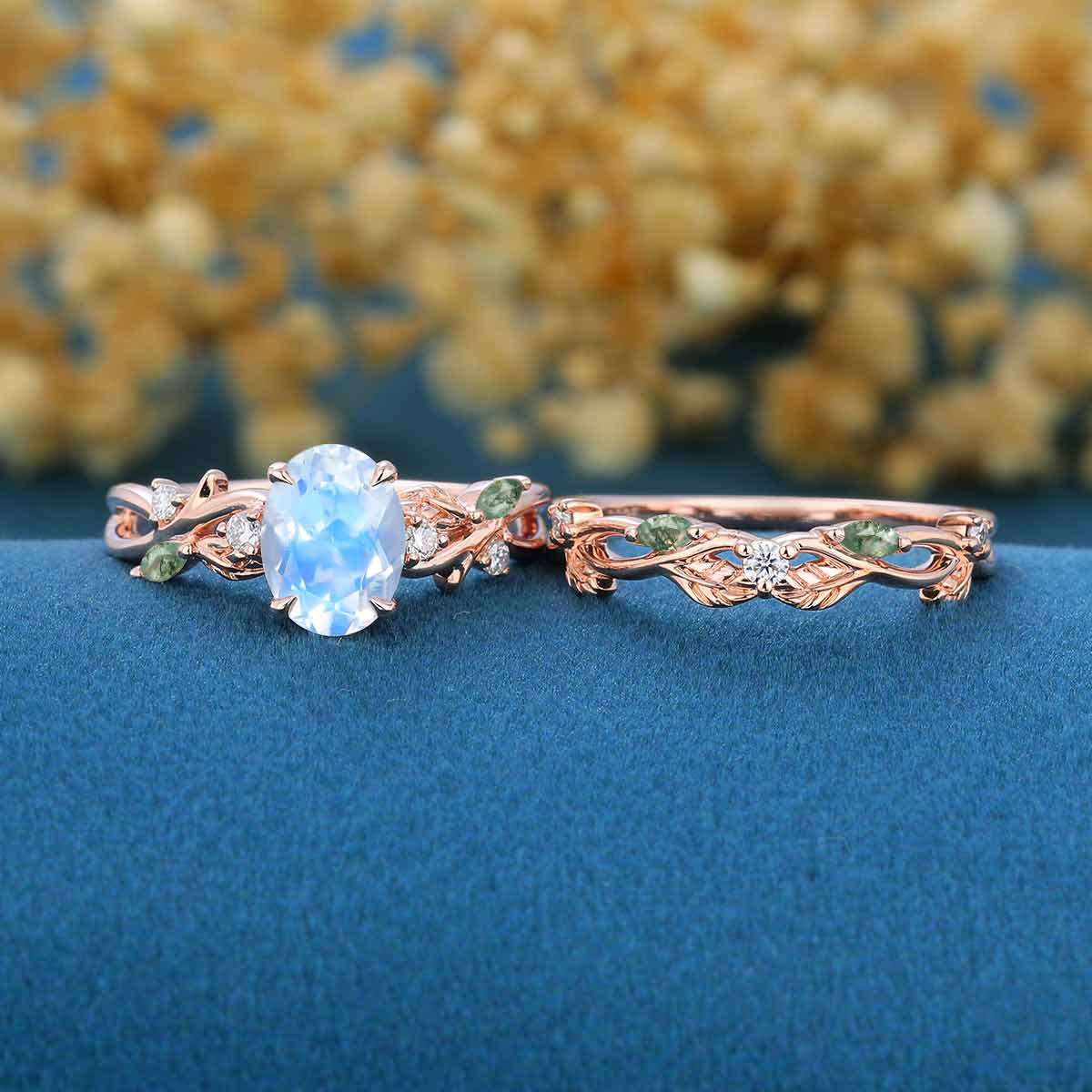 Oval cut Moonstone Engagement ring + Moss Agate Curved Wedding bridal set