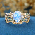 Oval cut Moonstone Engagement ring + Moss Agate Curved Wedding bridal set