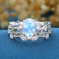 Oval cut Moonstone Engagement ring + Moss Agate Curved Wedding bridal set