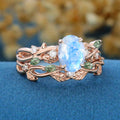 Oval cut Moonstone Engagement ring + Moss Agate Curved Wedding bridal set