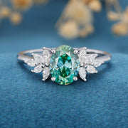 Oval cut Green Moissanite Cluster Engagement Ring