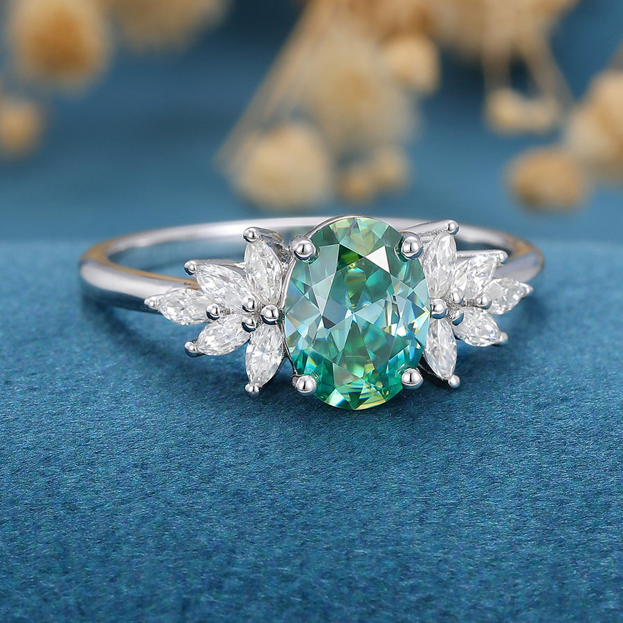 Oval cut Green Moissanite Cluster Engagement Ring