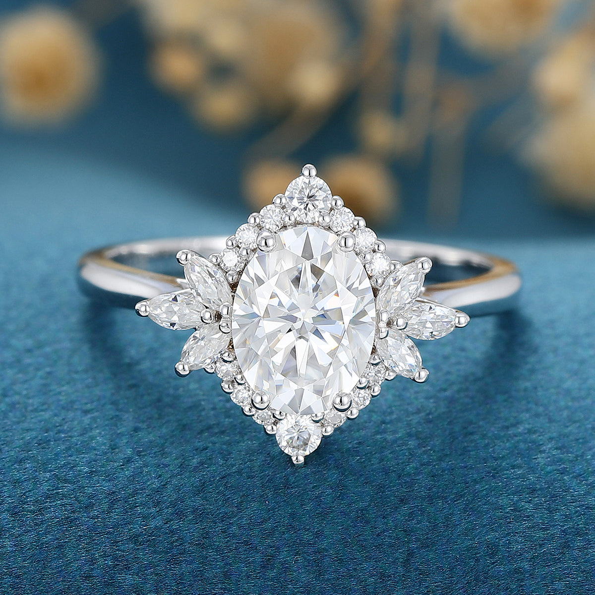 Oval cut Moissanite Halo  Engagement Ring