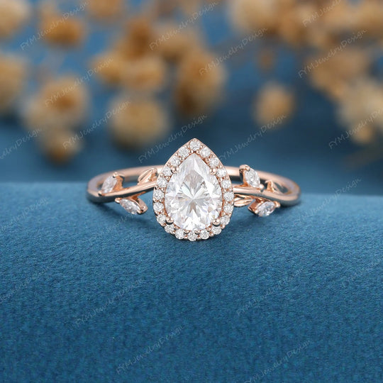 Pear cut Moissanite leaf Engagement Ring 