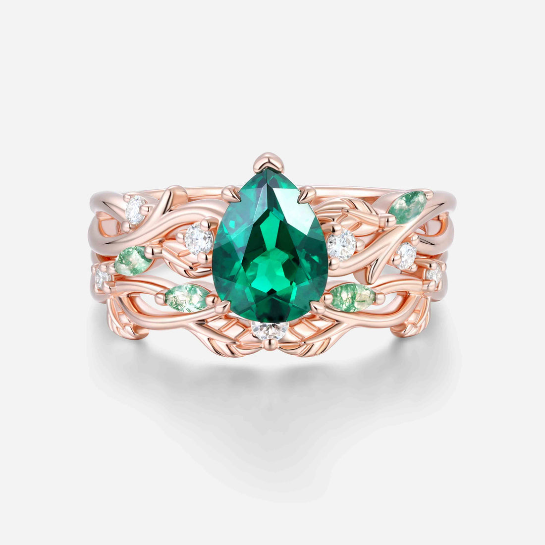 Pear Cut Emerald Nature Inspired Engagement Ring Set