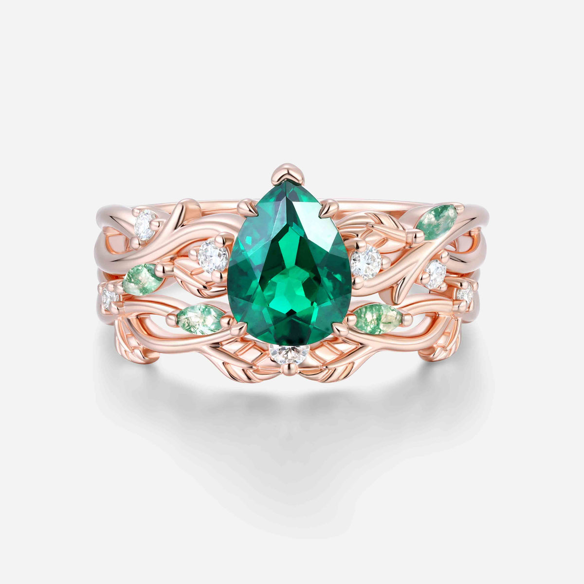 Pear Cut Emerald Nature Inspired Engagement Ring Set