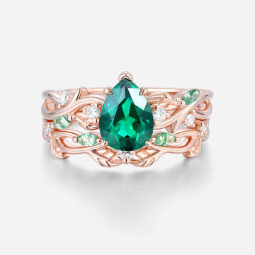 Pear Cut Emerald Nature Inspired Engagement Ring Set