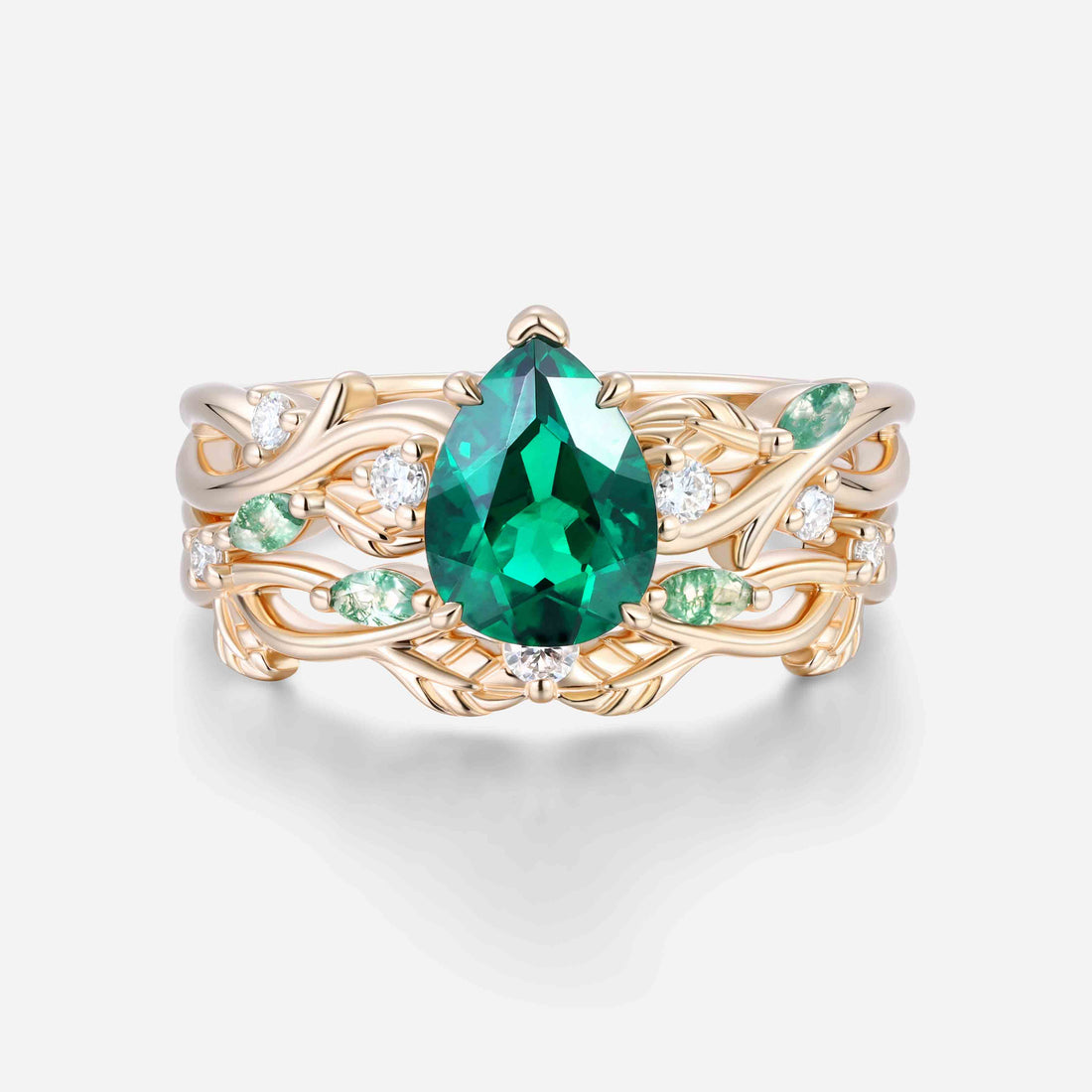 Pear Cut Emerald Nature Inspired Engagement Ring Set