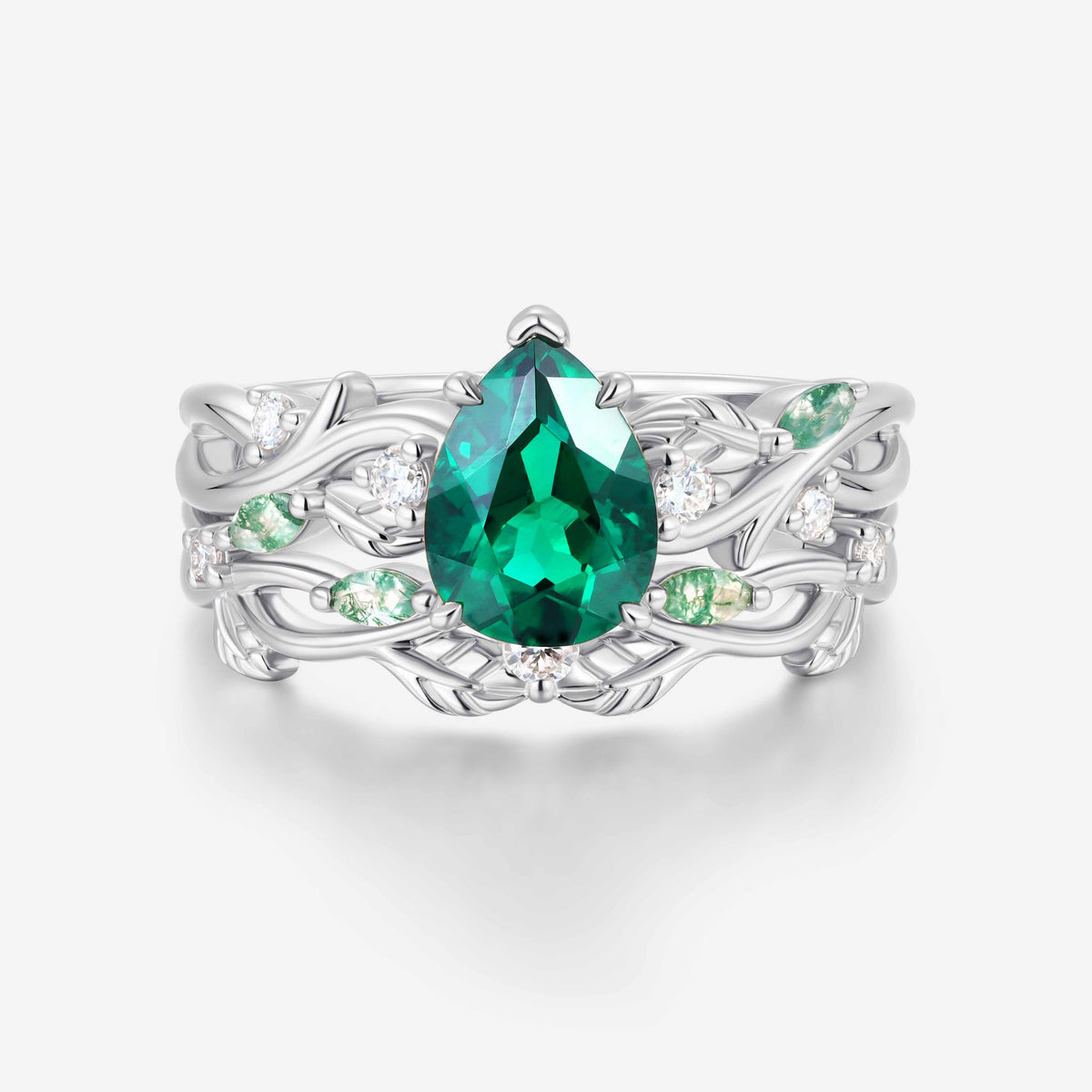 Pear Cut Emerald Nature Inspired Engagement Ring Set
