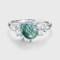 Pear Cut Natural Green Moss Agate Cluster Engagement Ring
