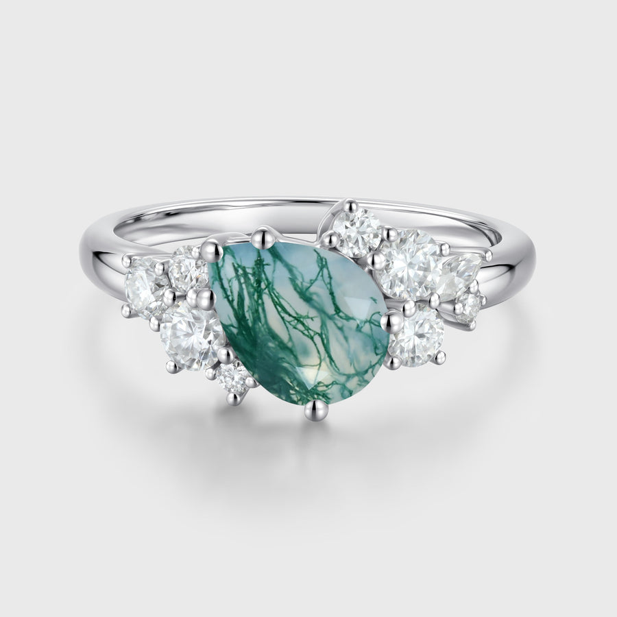 Pear Cut Natural Green Moss Agate Cluster Engagement Ring