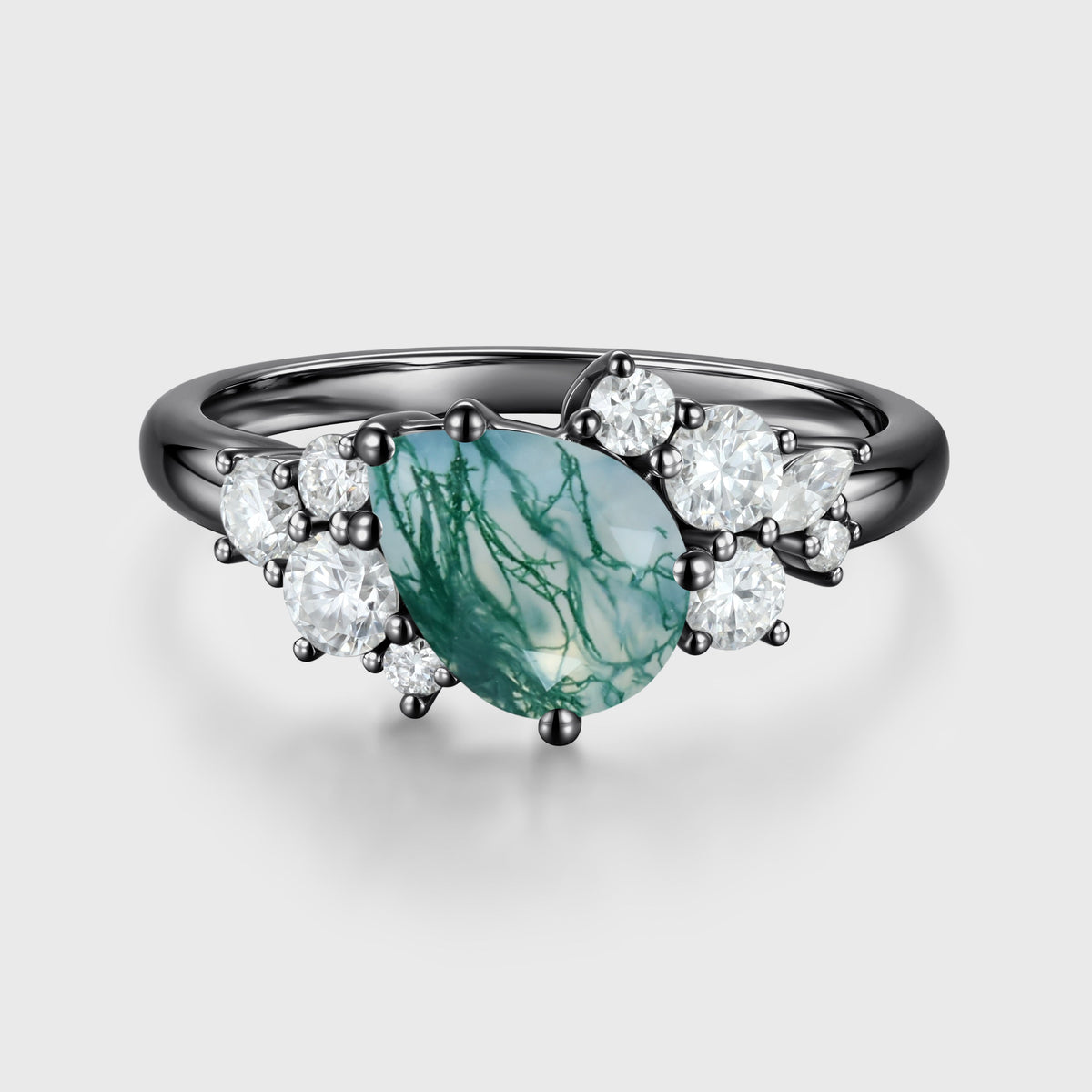 Pear Cut Natural Green Moss Agate Cluster Engagement Ring