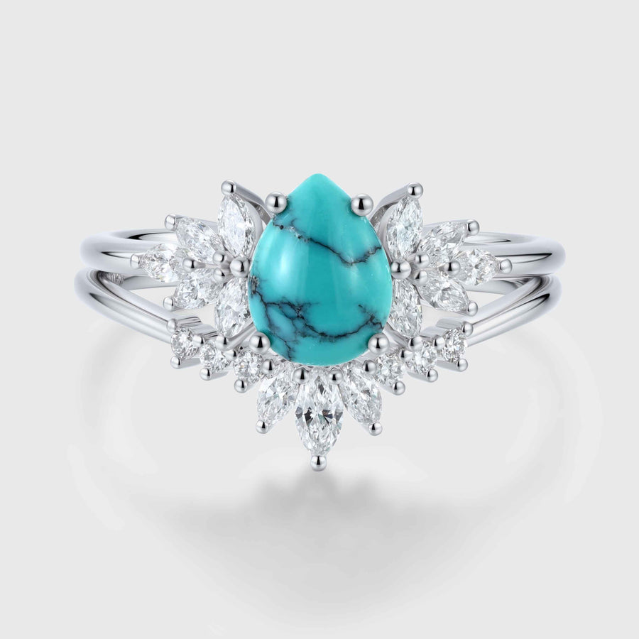 Pear cut Turquoise Cluster Engagement ring Bridal Set