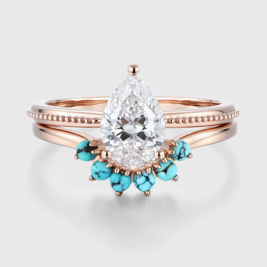 1.0Carat Pear cut Lab Grown Diamond + Turquoise Wedding bridal set