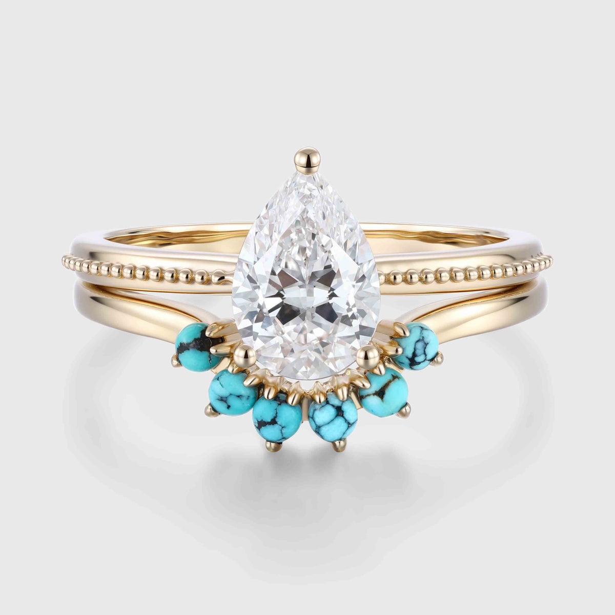 1.0Carat Pear cut Lab Grown Diamond + Turquoise Wedding bridal set