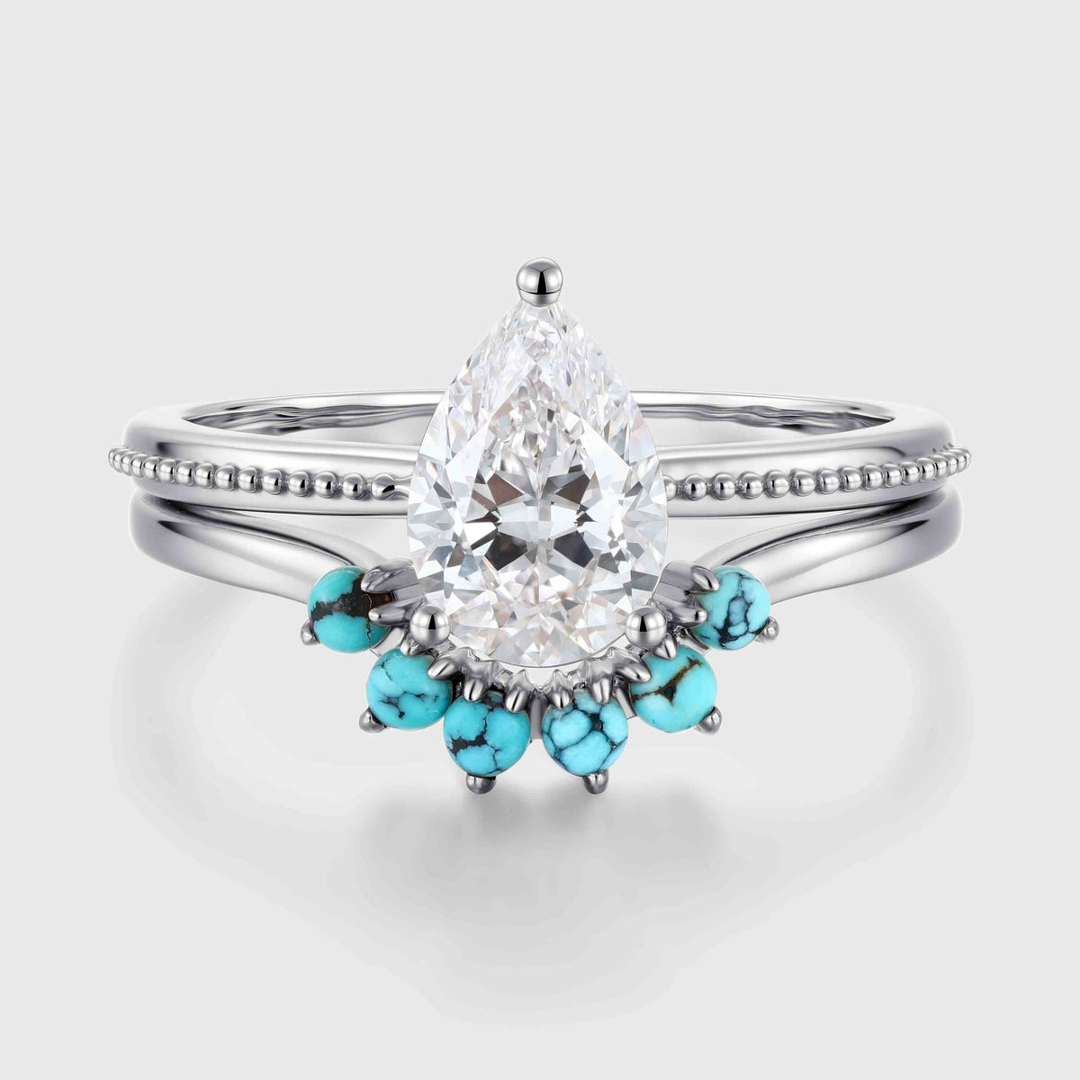 1.0Carat Pear cut Lab Grown Diamond + Turquoise Wedding bridal set