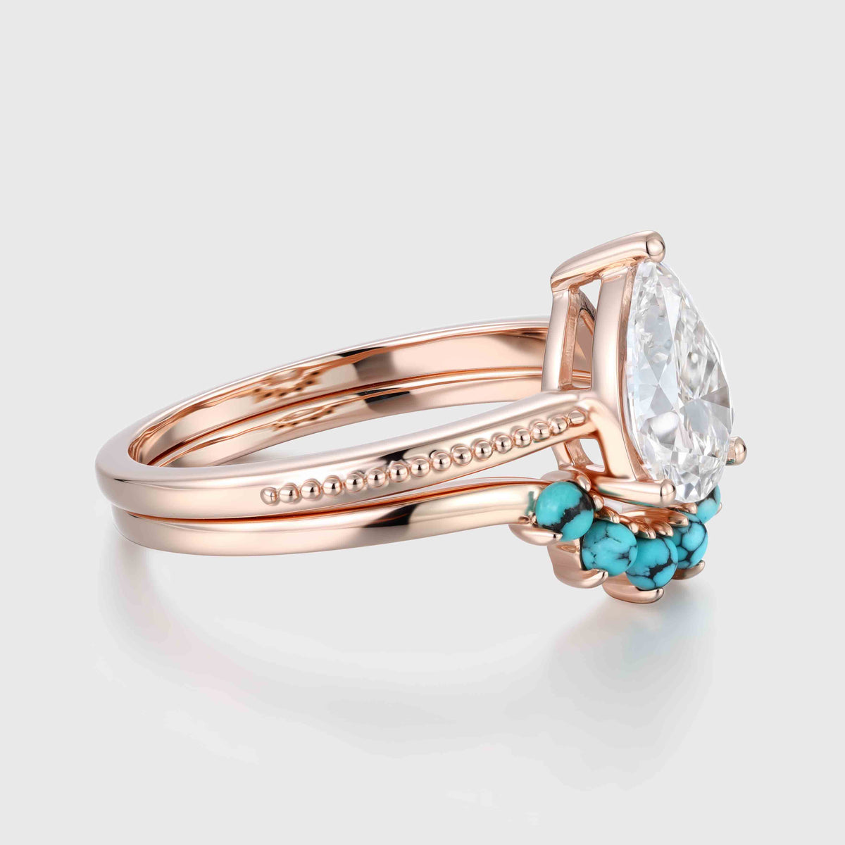1.0Carat Pear cut Lab Grown Diamond + Turquoise Wedding bridal set