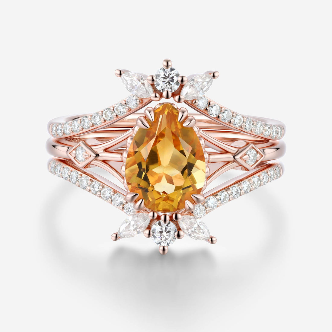 Pear cut Citrine Engagement Ring Set