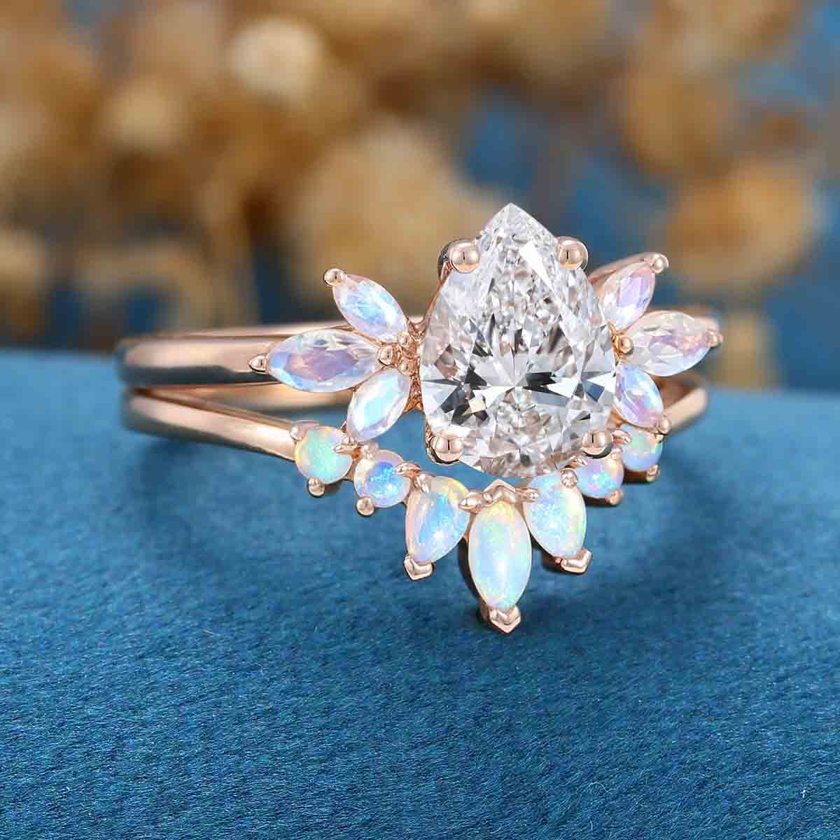 Pear cut Lab Grown Diamond Cluster Engagement Ring Bridal Set